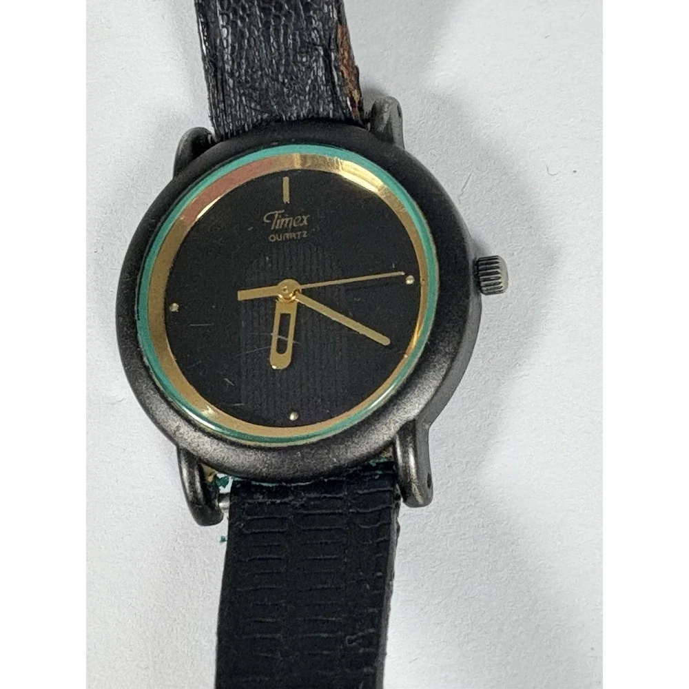 Timex Quartz Women's Watch Black Gold Tone Leather Strap